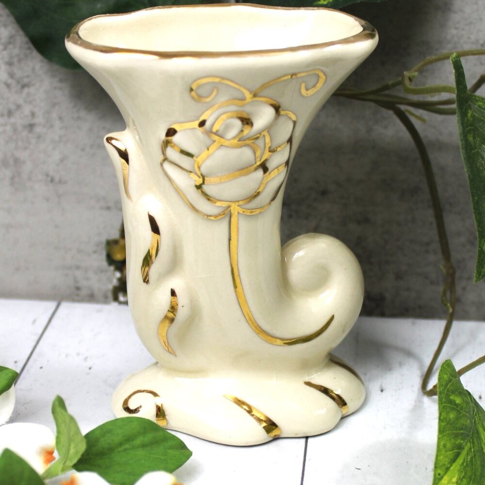 Vintage Ivory Cream Cornucopia Vase - Ceramic with Gold Rose Accents